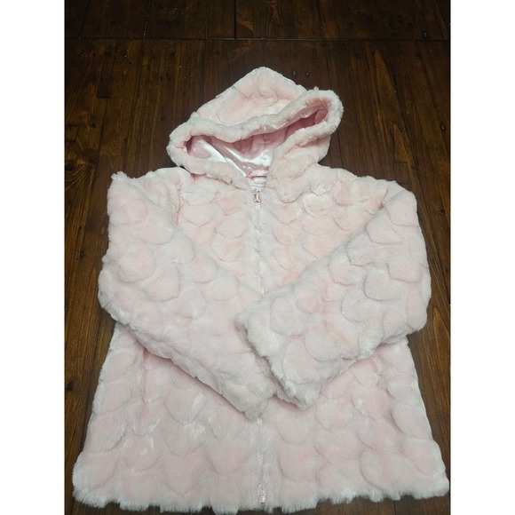 Kids Pink Heart‎ Faux Fur Hooded Jacket Zipper Soft Cozy Outerwear - Picture 4 of 7